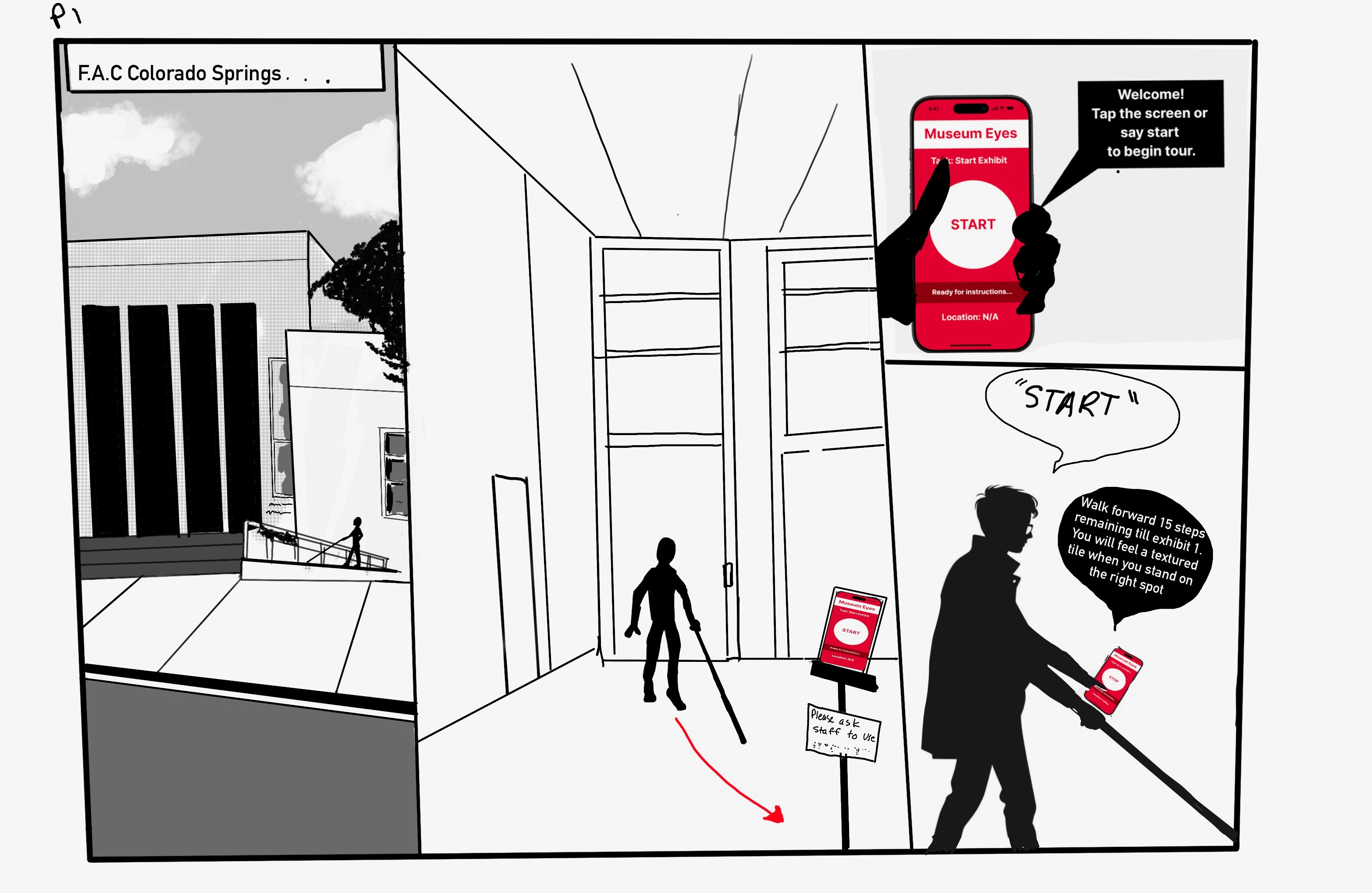 Storyboard panel 1: User starts guided tour with Museum Eyes