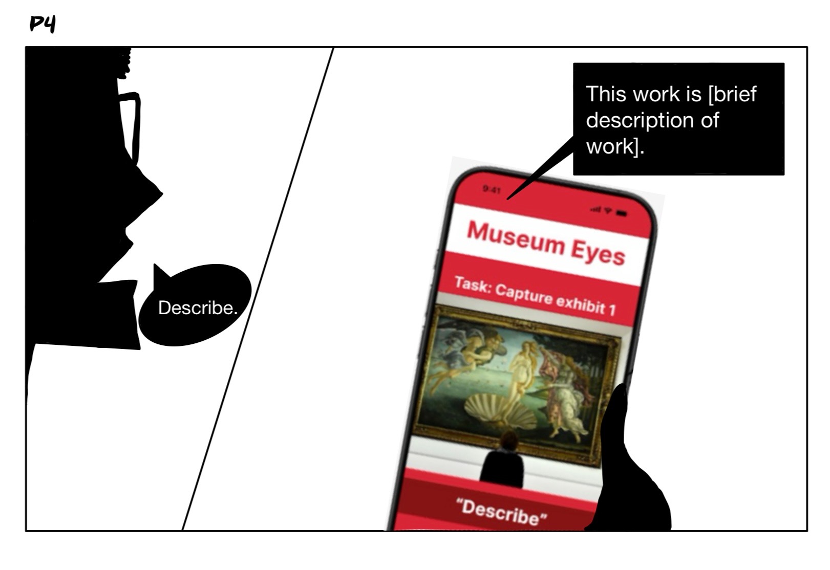 Storyboard panel 4: User recieves brief description of exhibit